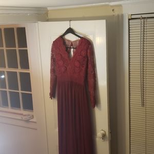 Burgundy long sleeve lace and chiffon gown